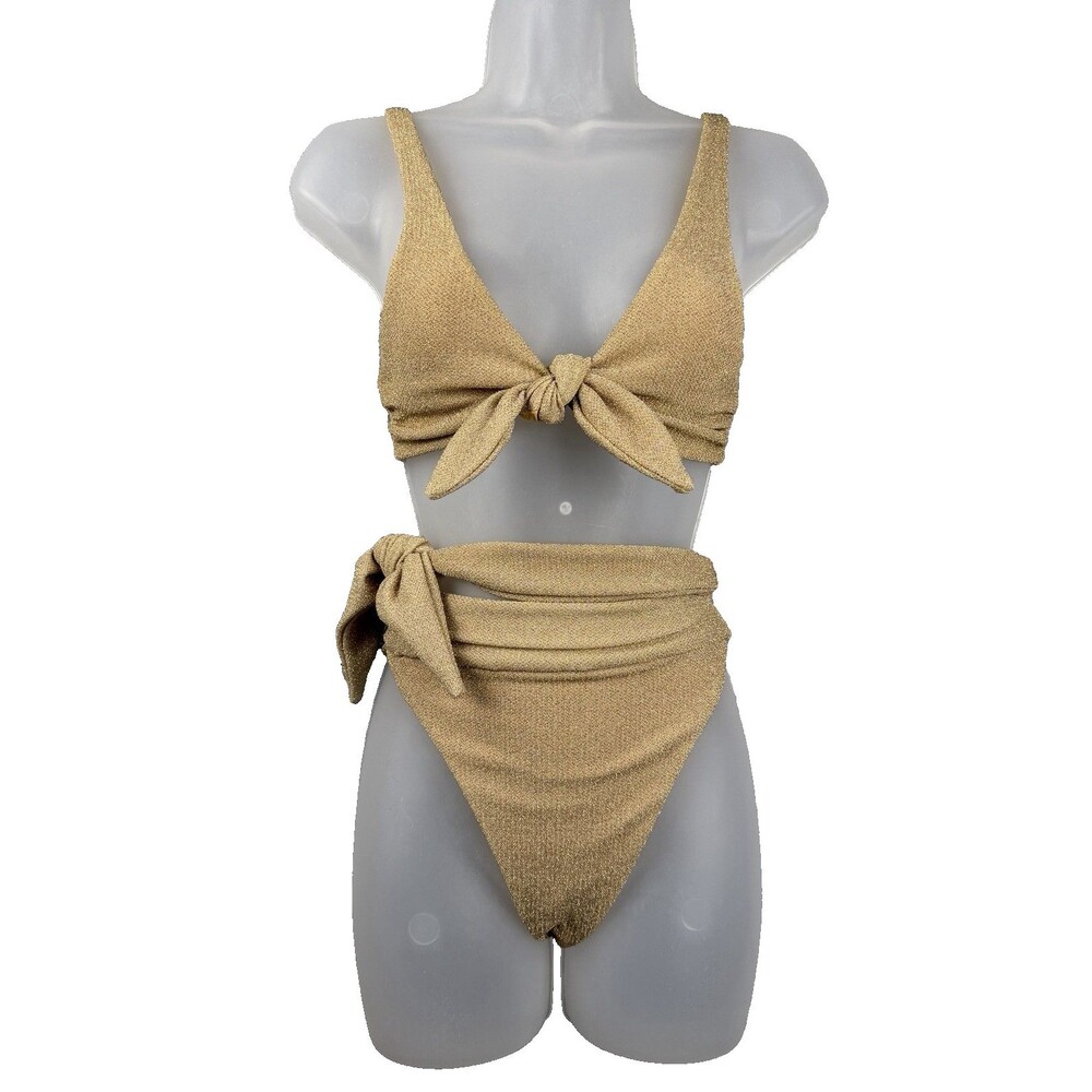 Beach Riot Gold Metallic Bikini Set  Grace Tie Front Top (M) & Claire Bottom (S)
